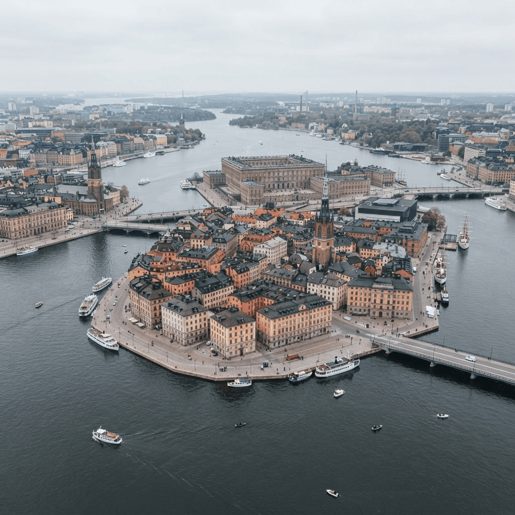 Flygbild över Stockholms vatten och Gamla stan